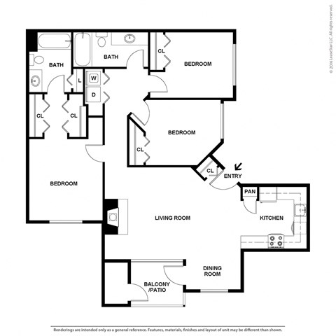 Floor plan for 3 beds, 2 baths, 1129 sqft